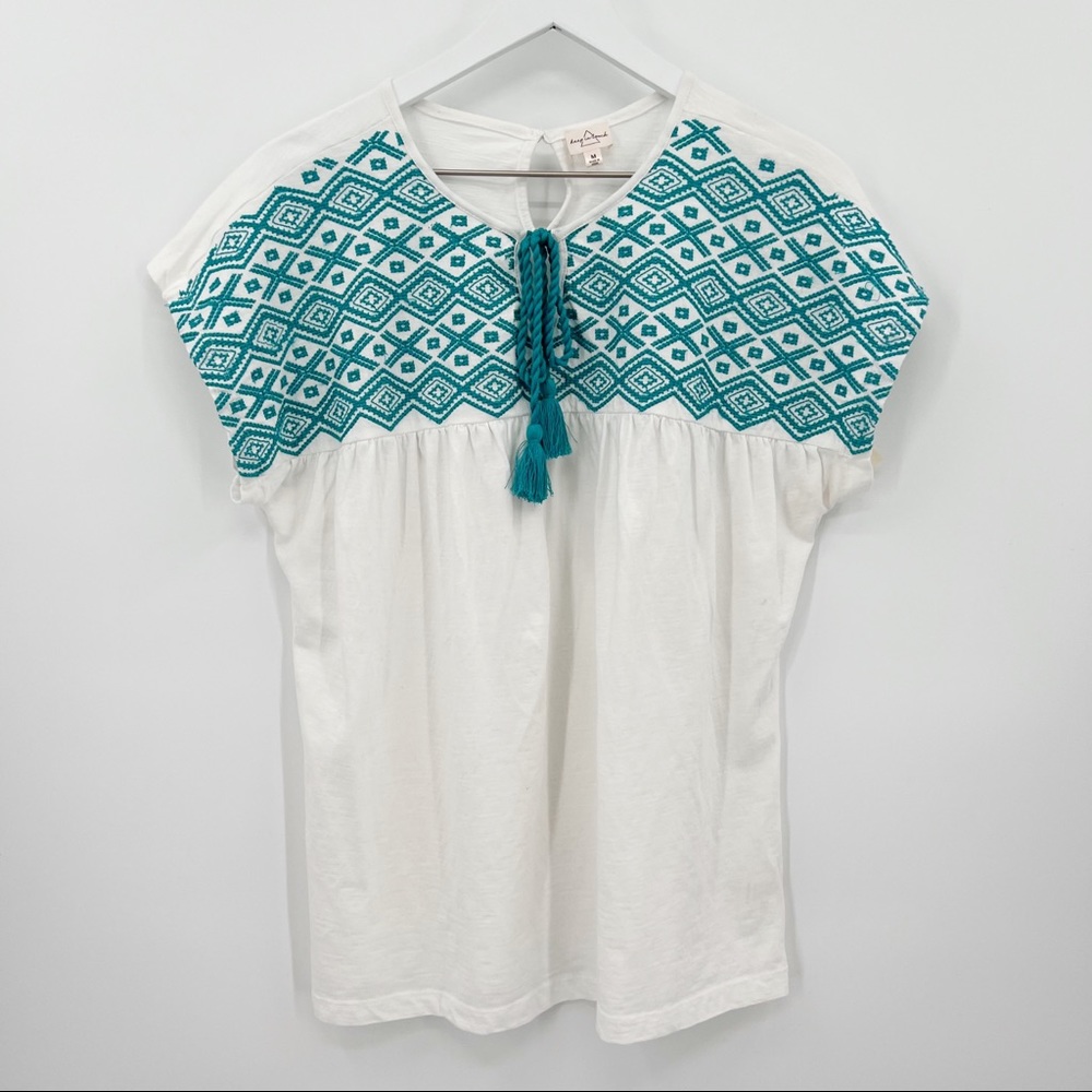 Keep in Touch Embroidered Cap Sleeve Tassel Tie Top